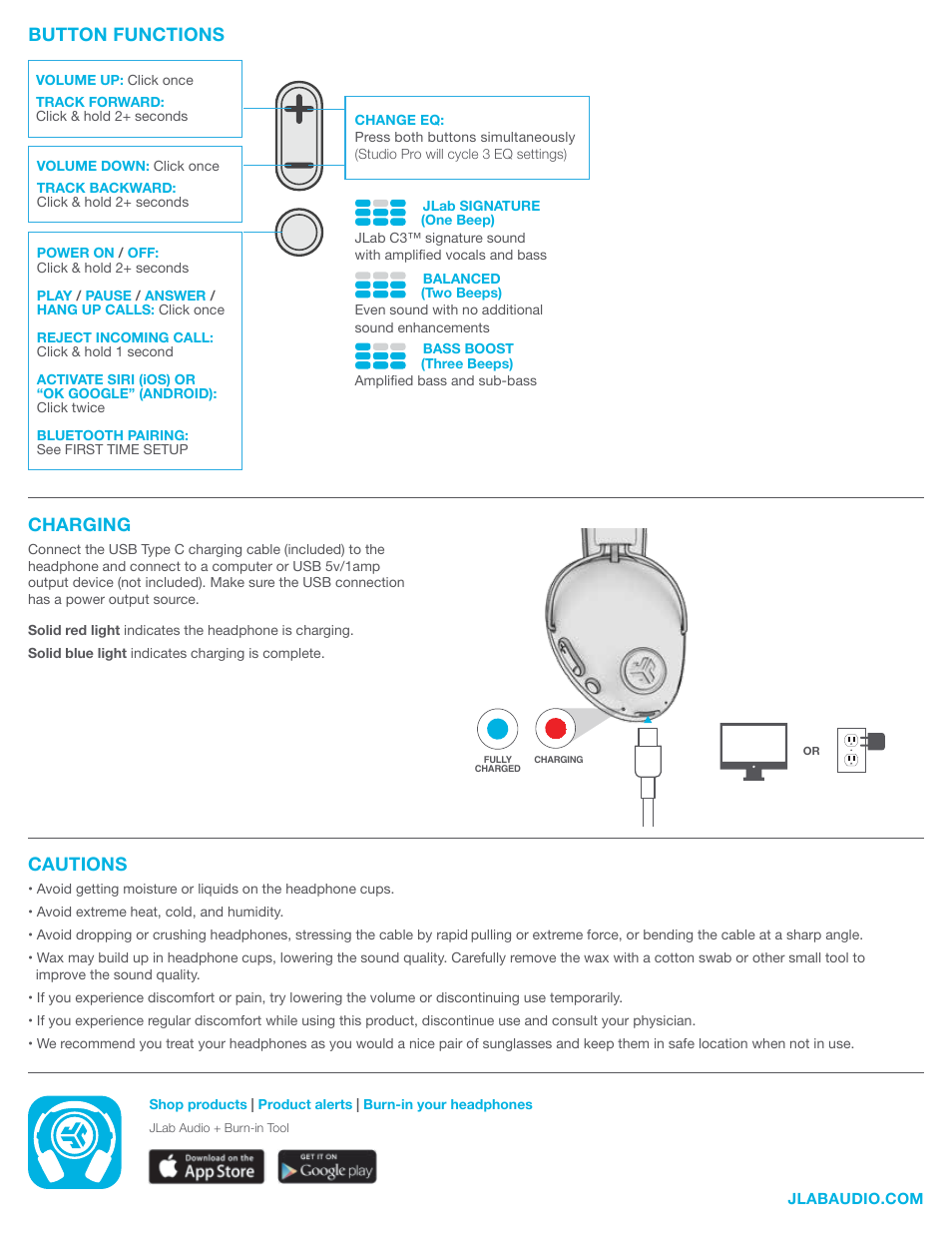Charging, Button functions, Cautions | JLab Audio Studio Pro Wireless Over-Ear Headphones User Manual | Page 2 / 2