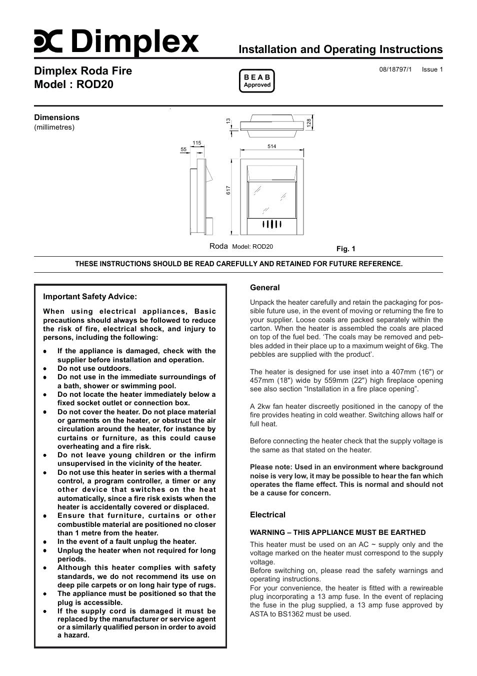 Dimplex ROD20 User Manual | 2 pages