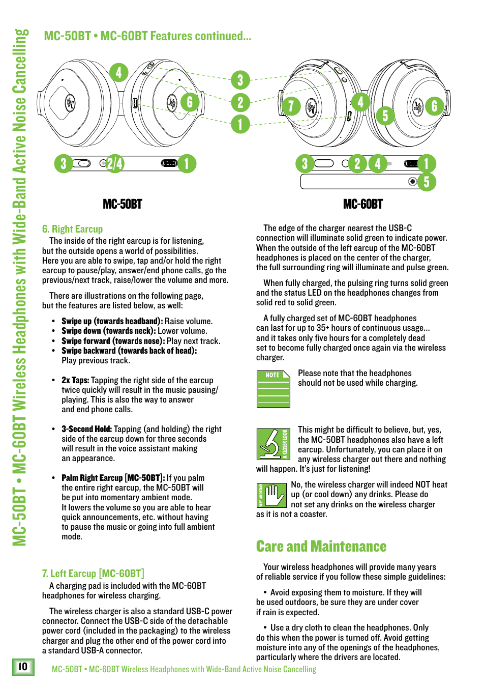 Care and maintenance, Mc-50bt mc-60bt, Mc-50bt • mc-60bt features continued | MACKIE MC-60BT Noise-Canceling Wireless Over-Ear Headphones User Manual | Page 10 / 15