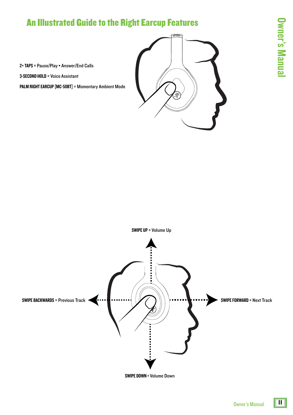 Owner ’s manual, An illustrated guide to the right earcup features | MACKIE MC-60BT Noise-Canceling Wireless Over-Ear Headphones User Manual | Page 11 / 15