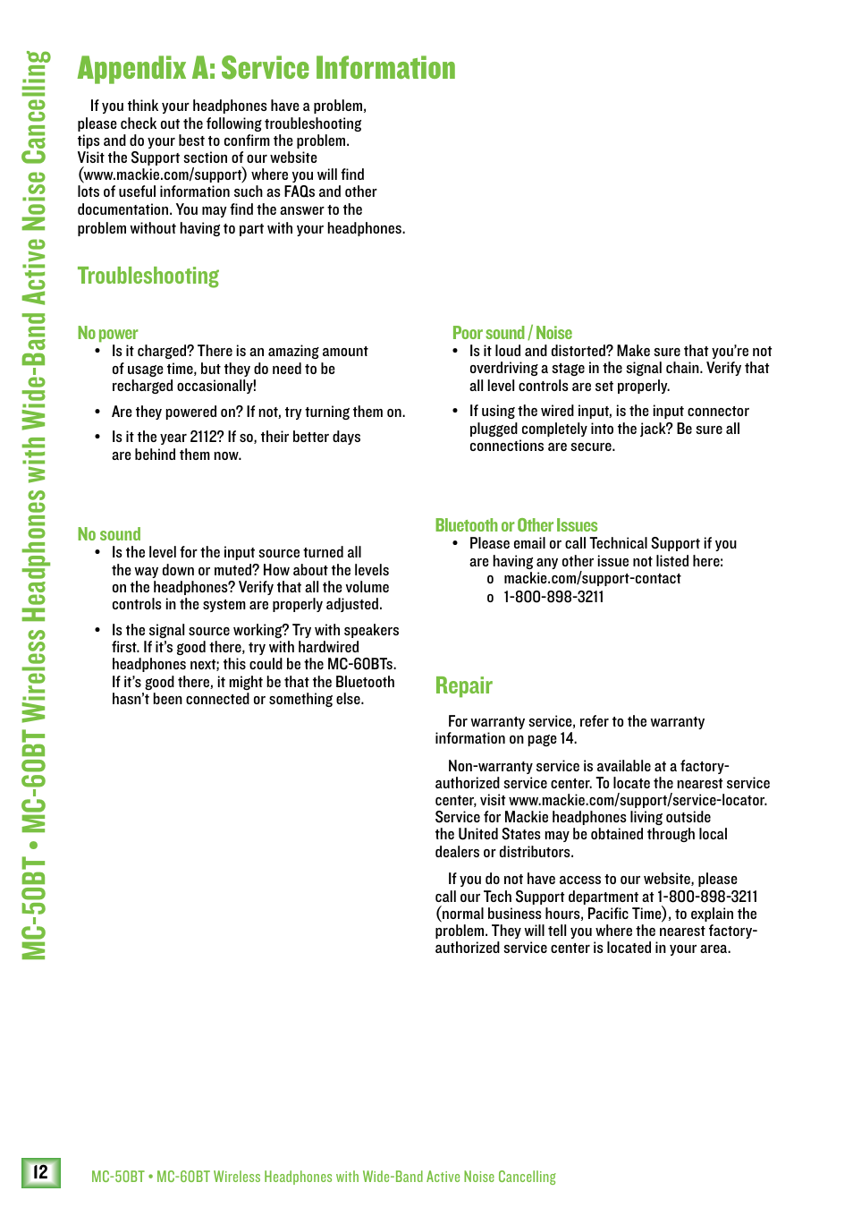 Appendix a: service information, Repair, Troubleshooting | MACKIE MC-60BT Noise-Canceling Wireless Over-Ear Headphones User Manual | Page 12 / 15