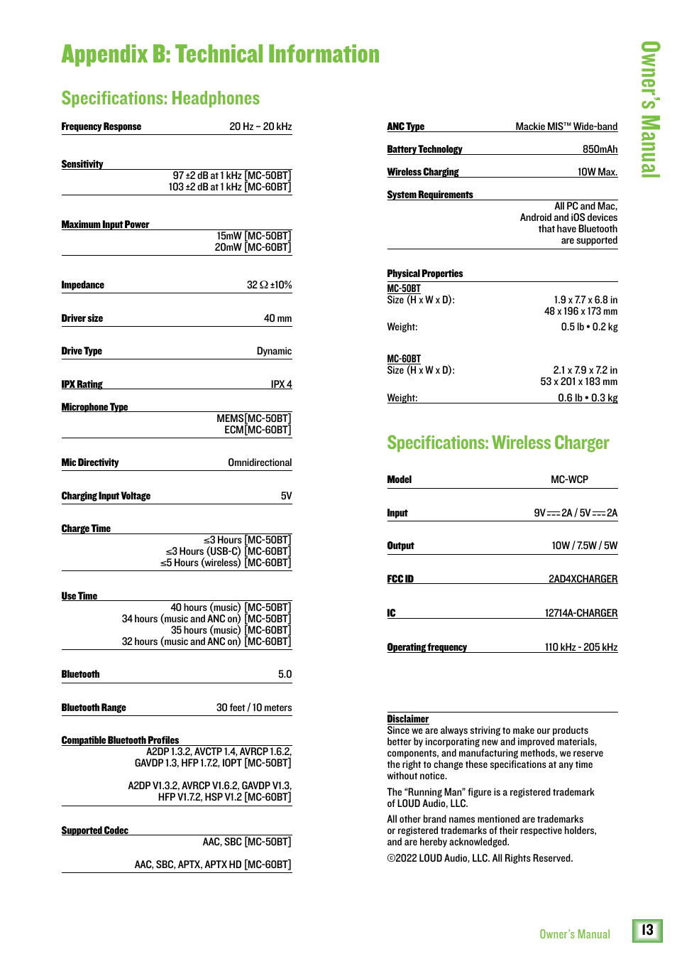 Owner ’s manual, Appendix b: technical information, Specifications: headphones | Specifications: wireless charger | MACKIE MC-60BT Noise-Canceling Wireless Over-Ear Headphones User Manual | Page 13 / 15