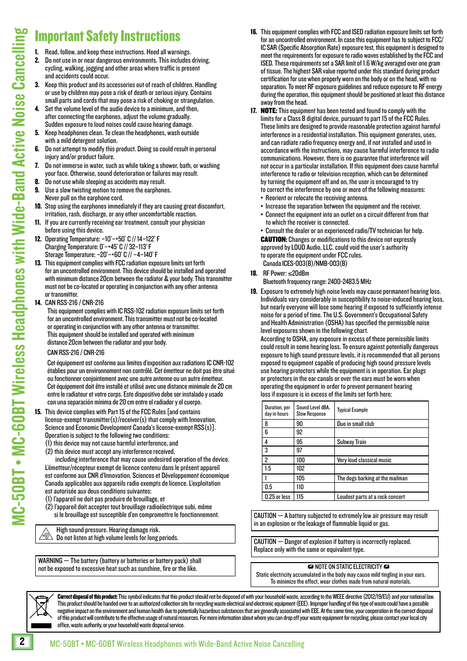 Important safety instructions | MACKIE MC-60BT Noise-Canceling Wireless Over-Ear Headphones User Manual | Page 2 / 15