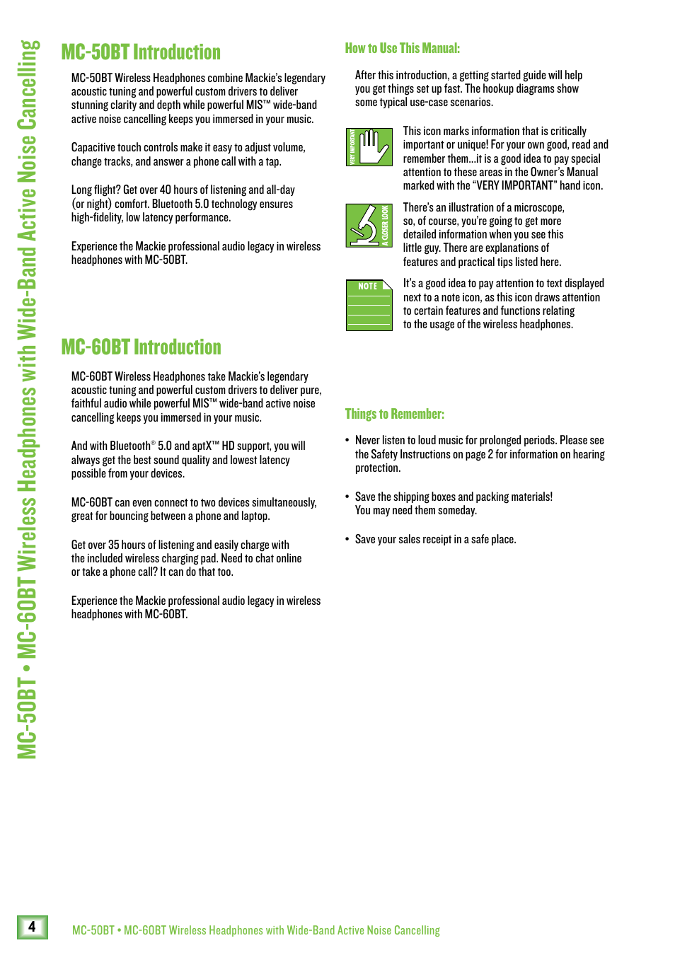 Mc-50bt introduction, Mc-60bt introduction | MACKIE MC-60BT Noise-Canceling Wireless Over-Ear Headphones User Manual | Page 4 / 15