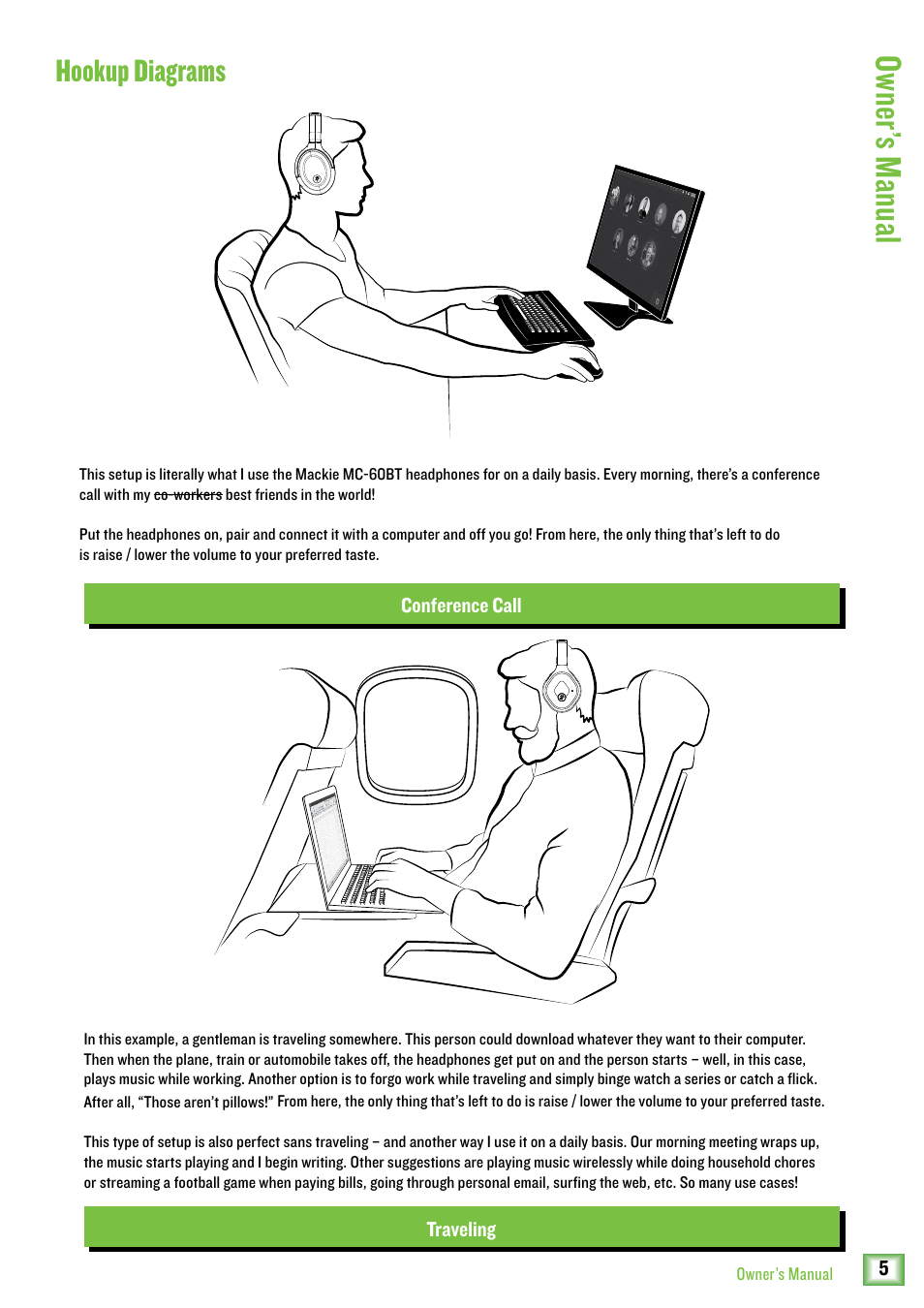 Owner ’s manual, Hookup diagrams | MACKIE MC-60BT Noise-Canceling Wireless Over-Ear Headphones User Manual | Page 5 / 15