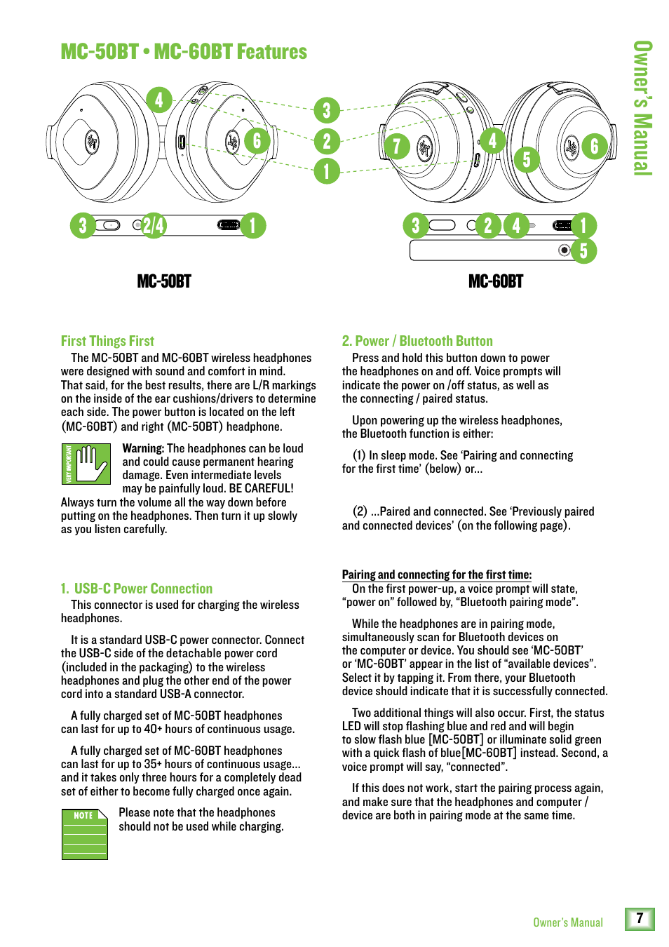 Owner ’s manual, Mc-50bt • mc-60bt features, Mc-50bt mc-60bt | MACKIE MC-60BT Noise-Canceling Wireless Over-Ear Headphones User Manual | Page 7 / 15