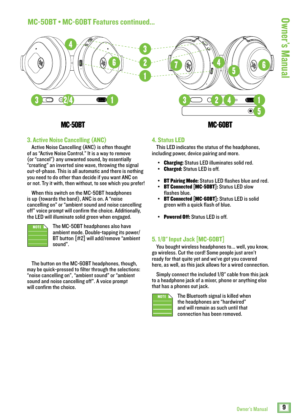 Owner ’s manual, Mc-50bt mc-60bt, Mc-50bt • mc-60bt features continued | MACKIE MC-60BT Noise-Canceling Wireless Over-Ear Headphones User Manual | Page 9 / 15