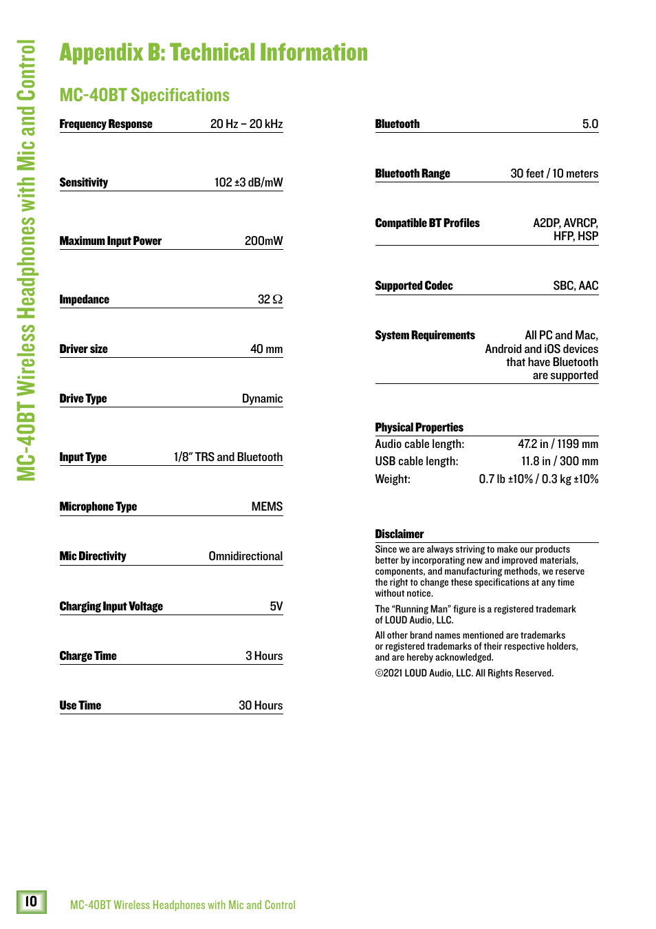 Appendix b: technical information, Mc-40bt specifications | MACKIE MC-40BT Wireless Over-Ear Headphones User Manual | Page 10 / 12