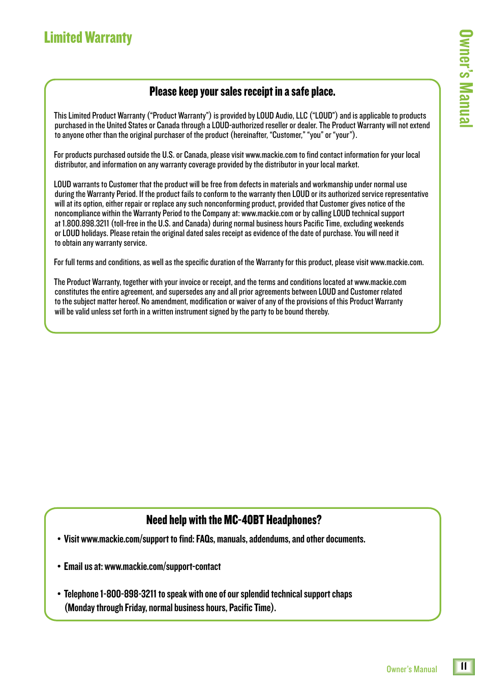 Owner ’s manual, Limited warranty, Please keep your sales receipt in a safe place | Need help with the mc-40bt headphones | MACKIE MC-40BT Wireless Over-Ear Headphones User Manual | Page 11 / 12