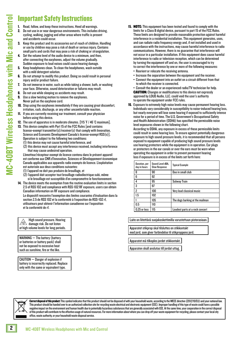 Important safety instructions | MACKIE MC-40BT Wireless Over-Ear Headphones User Manual | Page 2 / 12