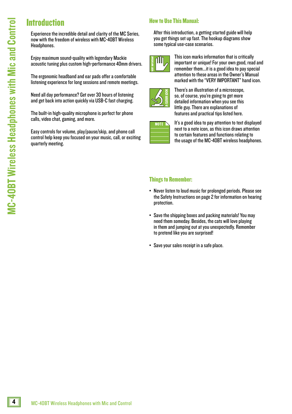 Introduction | MACKIE MC-40BT Wireless Over-Ear Headphones User Manual | Page 4 / 12