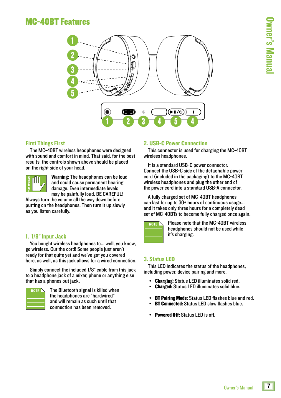 Owner ’s manual, Mc-40bt features | MACKIE MC-40BT Wireless Over-Ear Headphones User Manual | Page 7 / 12