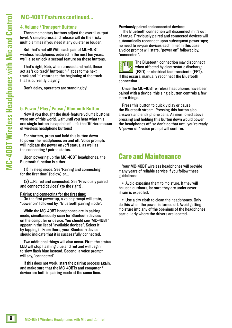 Care and maintenance, Mc-40bt features continued | MACKIE MC-40BT Wireless Over-Ear Headphones User Manual | Page 8 / 12
