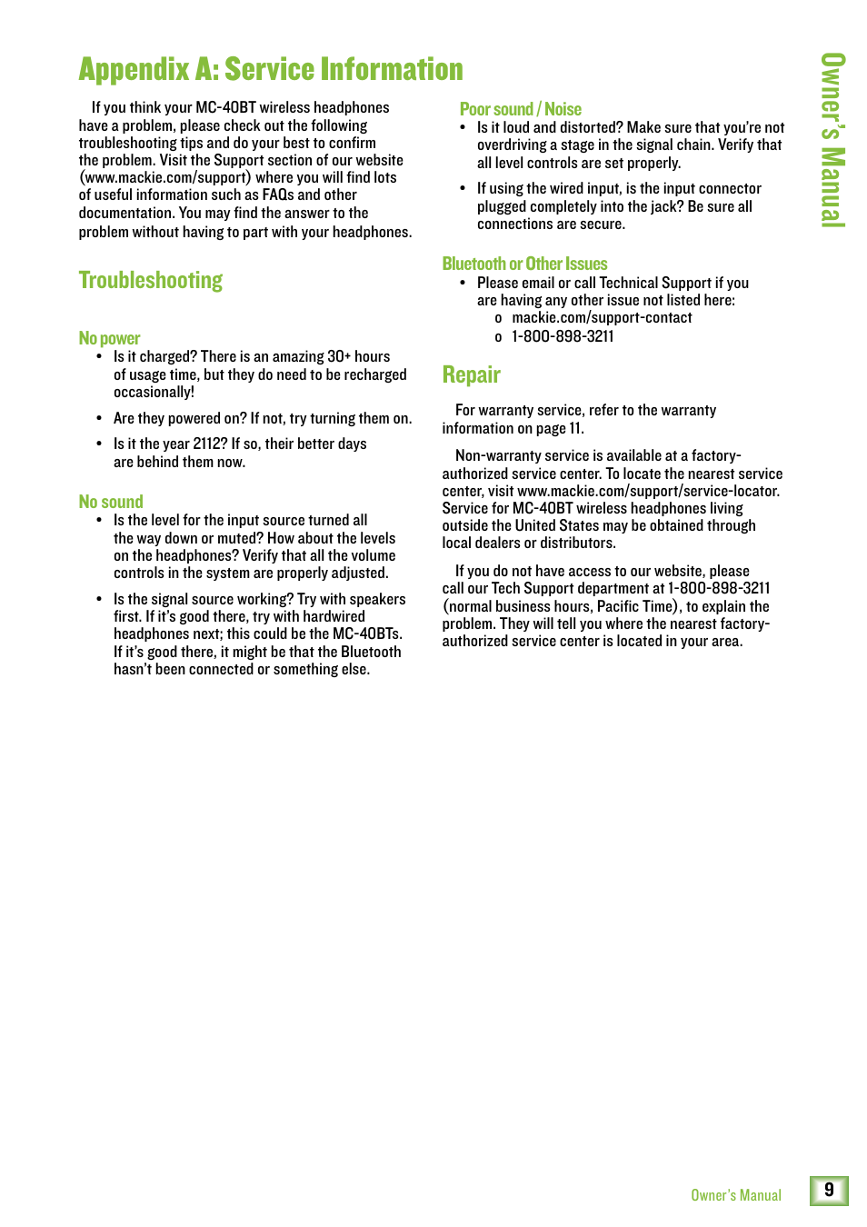 Owner ’s manual, Appendix a: service information, Repair | Troubleshooting | MACKIE MC-40BT Wireless Over-Ear Headphones User Manual | Page 9 / 12