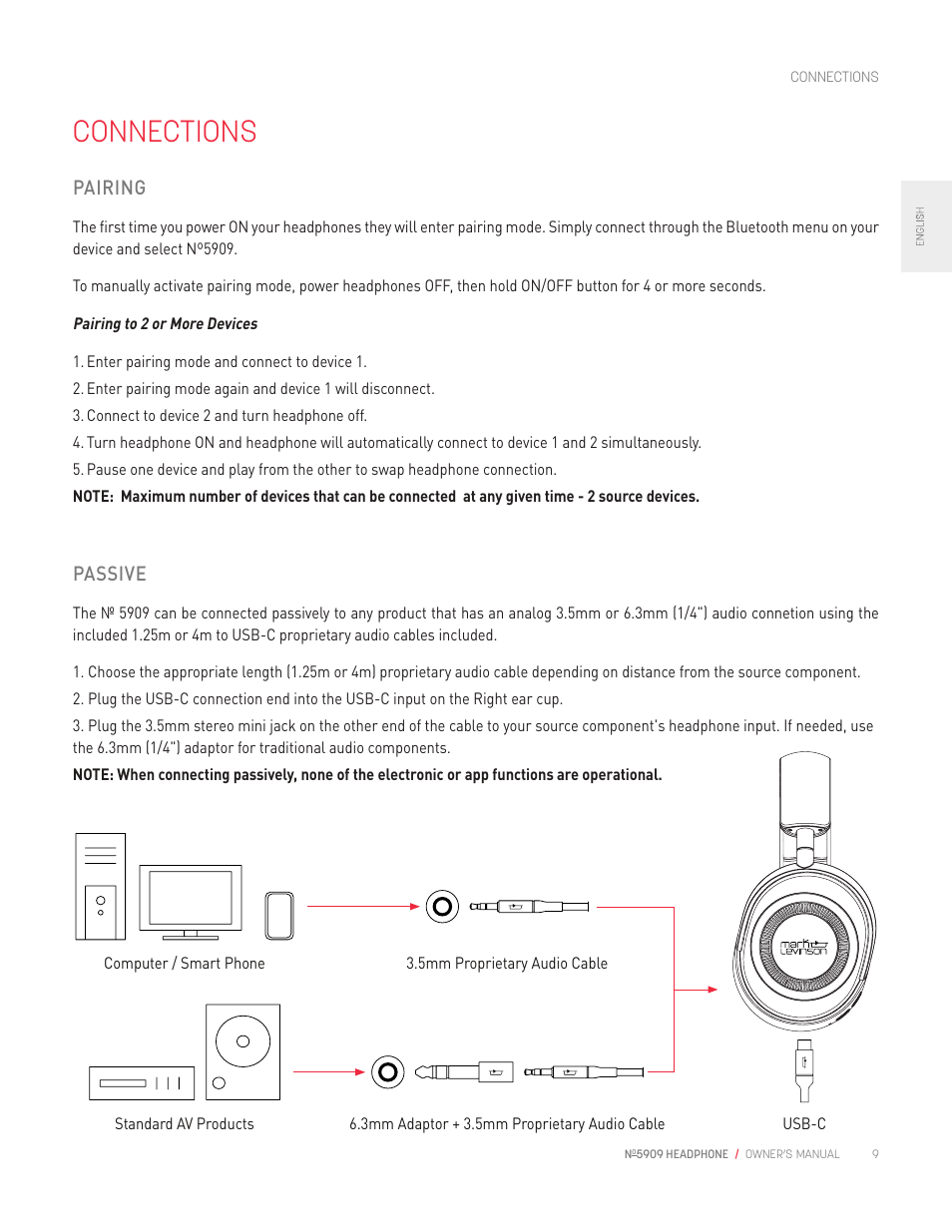 Connections, Pairing, Passive | Mark Levinson No 5909 High-Resolution Wireless Headphones with ANC (Black) User Manual | Page 11 / 20