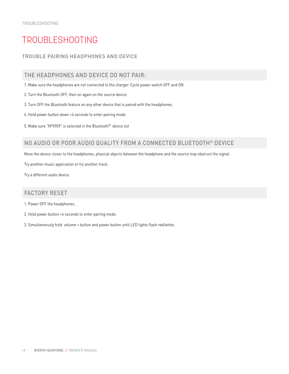 Troubleshooting, The headphones and device do not pair, Device | Factory reset | Mark Levinson No 5909 High-Resolution Wireless Headphones with ANC (Black) User Manual | Page 16 / 20