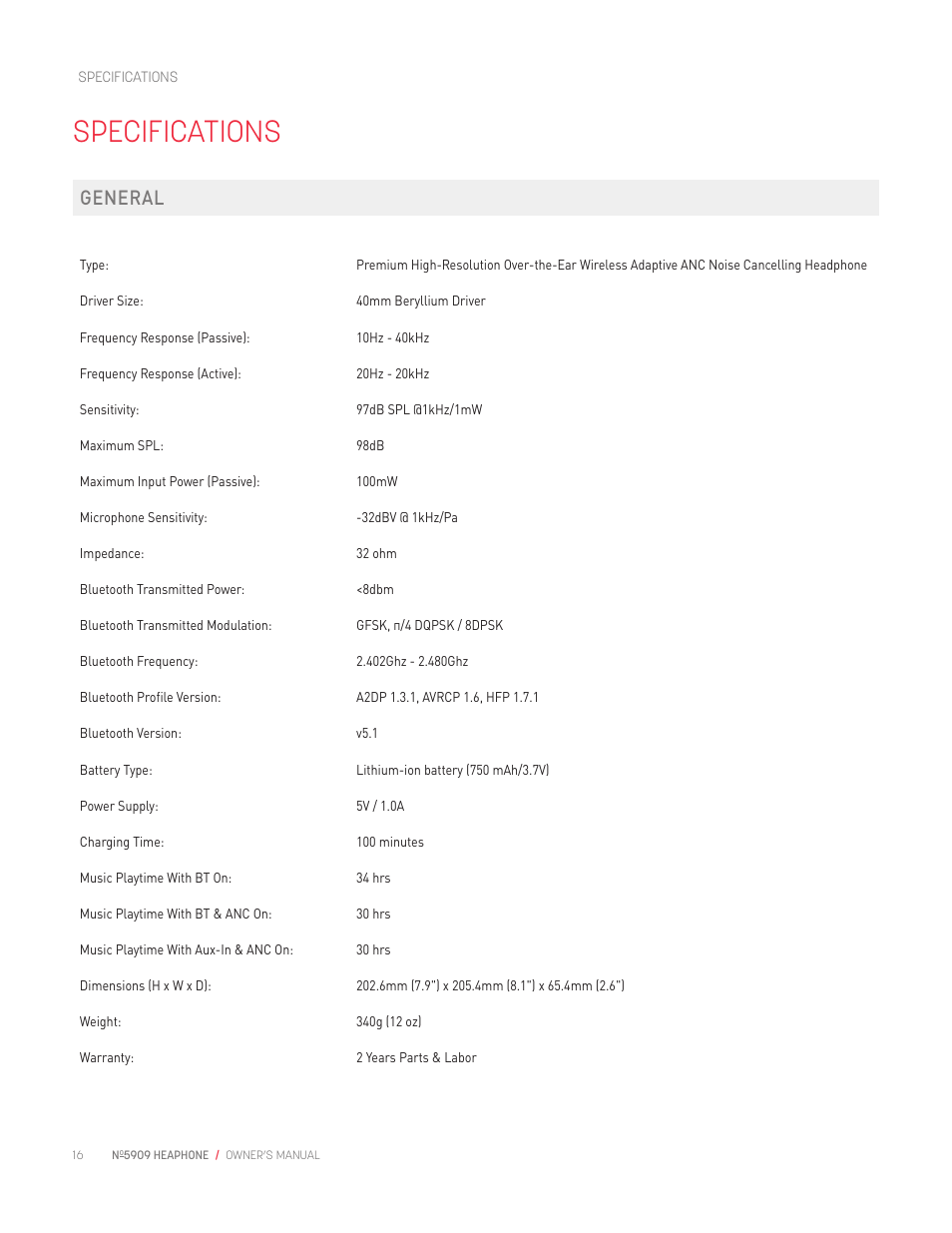 Specifications, General | Mark Levinson No 5909 High-Resolution Wireless Headphones with ANC (Black) User Manual | Page 18 / 20