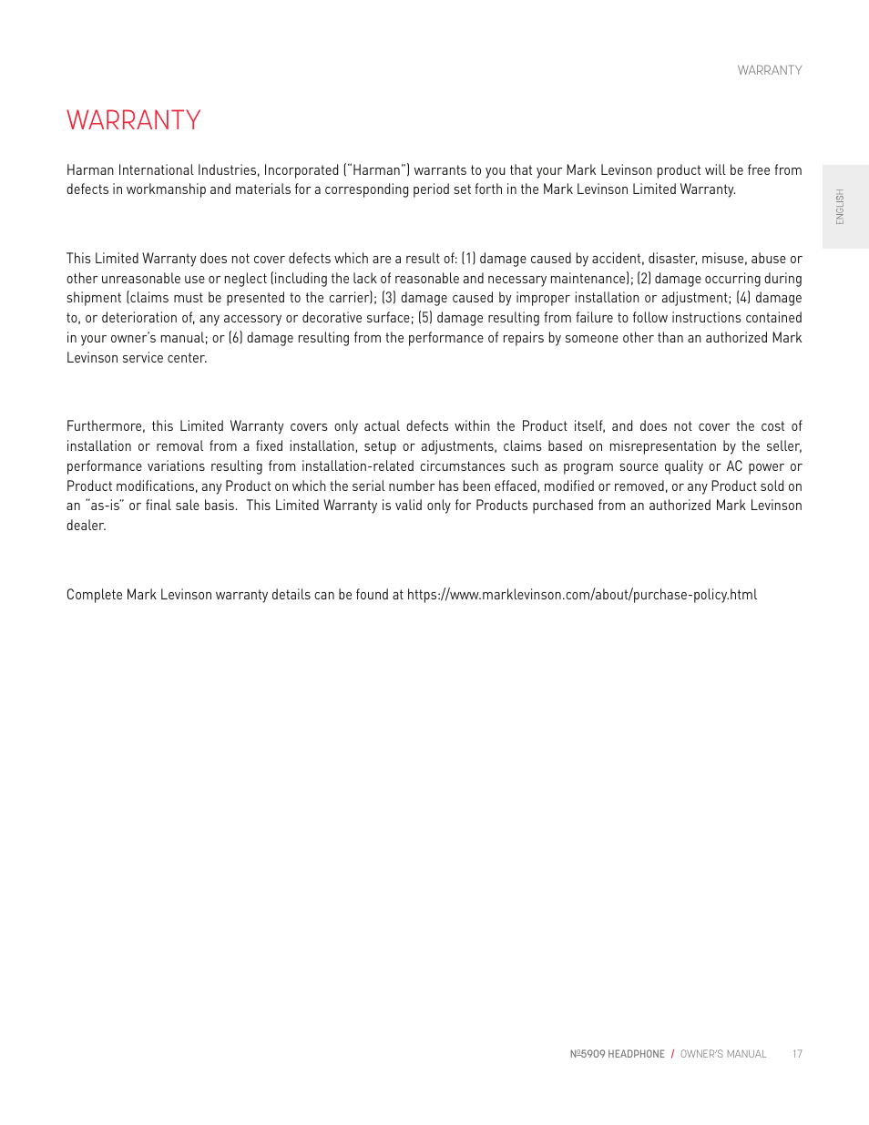 Warranty | Mark Levinson No 5909 High-Resolution Wireless Headphones with ANC (Black) User Manual | Page 19 / 20