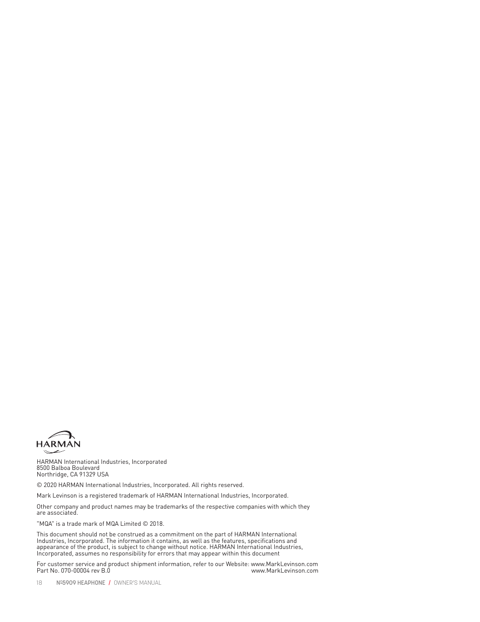 Mark Levinson No 5909 High-Resolution Wireless Headphones with ANC (Black) User Manual | Page 20 / 20