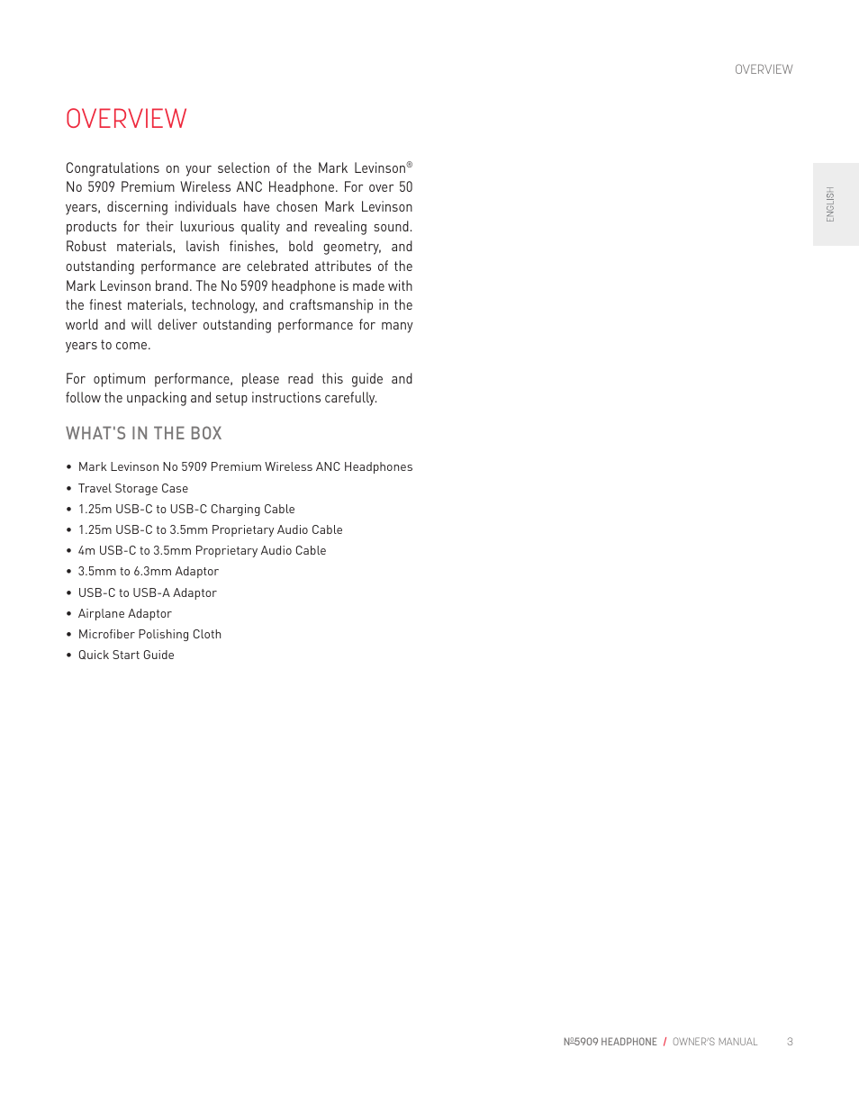 Overview, What's in the box | Mark Levinson No 5909 High-Resolution Wireless Headphones with ANC (Black) User Manual | Page 5 / 20