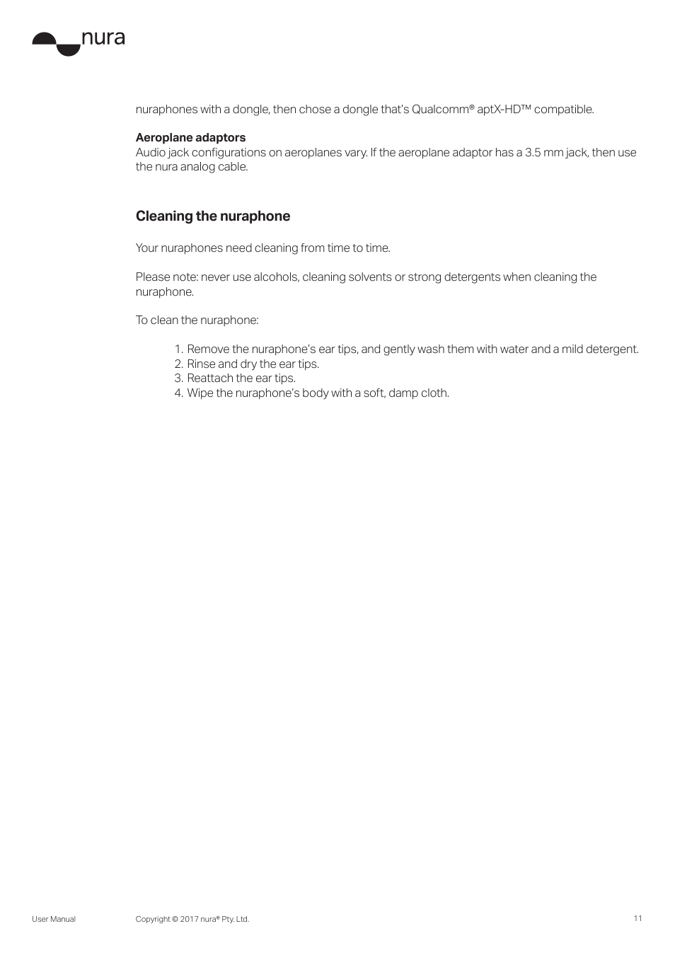 Cleaning the nuraphone | Nura Nuraphone Noise-Canceling Wireless In-Ear/Over-Ear Headphones User Manual | Page 11 / 22
