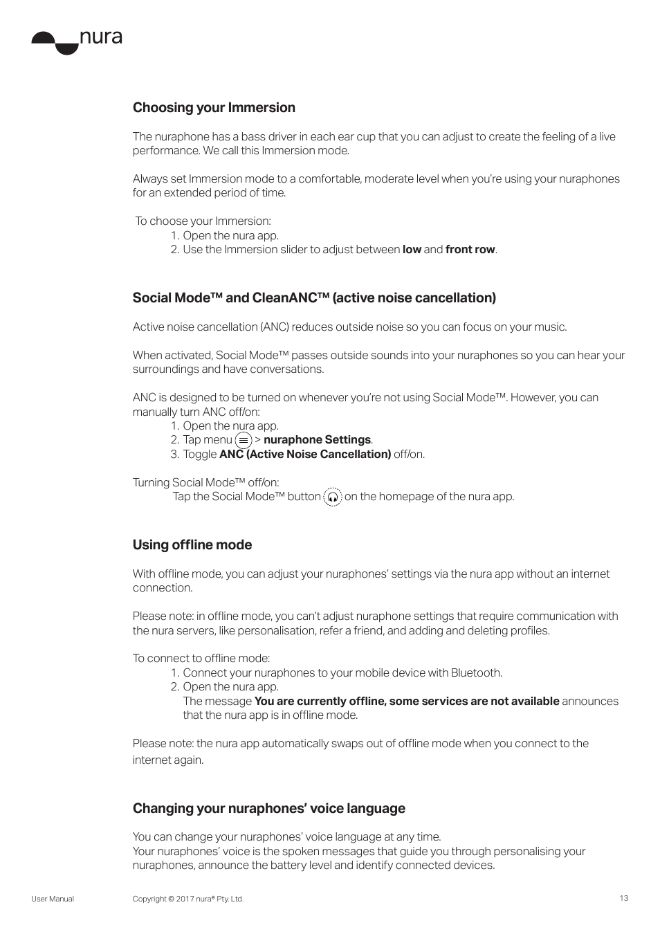 Choosing your immersion, Using offline mode, Changing your nuraphones’ voice language | Nura Nuraphone Noise-Canceling Wireless In-Ear/Over-Ear Headphones User Manual | Page 13 / 22