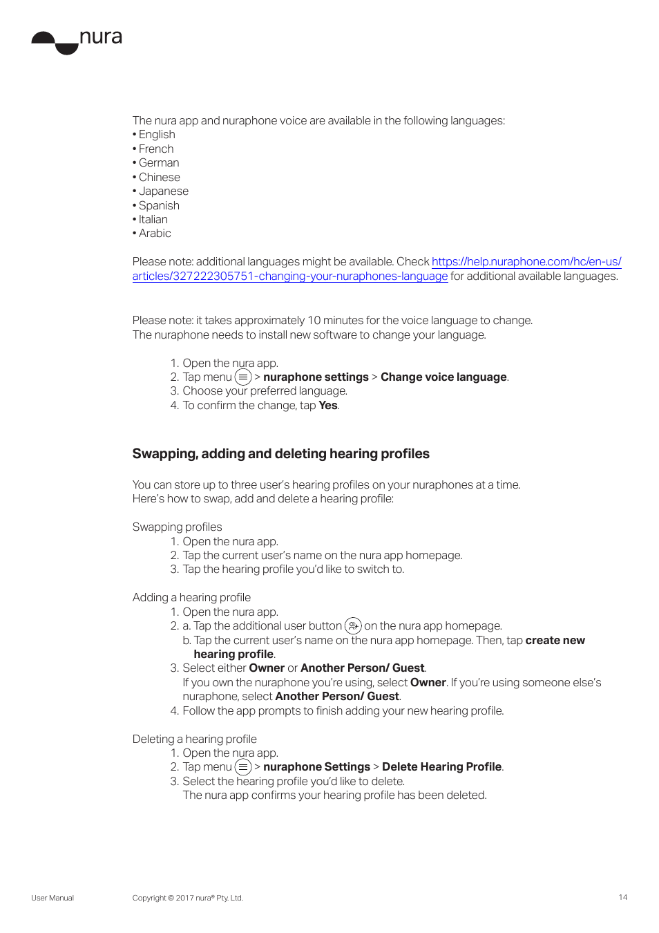 Swapping, adding and deleting hearing profiles | Nura Nuraphone Noise-Canceling Wireless In-Ear/Over-Ear Headphones User Manual | Page 14 / 22