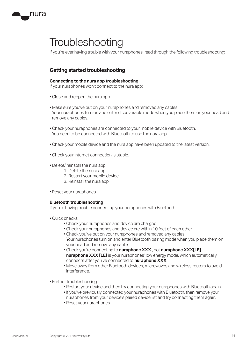 Troubleshooting, Getting started troubleshooting | Nura Nuraphone Noise-Canceling Wireless In-Ear/Over-Ear Headphones User Manual | Page 15 / 22