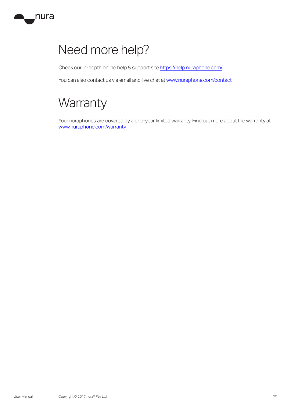 Need more help, Warranty | Nura Nuraphone Noise-Canceling Wireless In-Ear/Over-Ear Headphones User Manual | Page 20 / 22