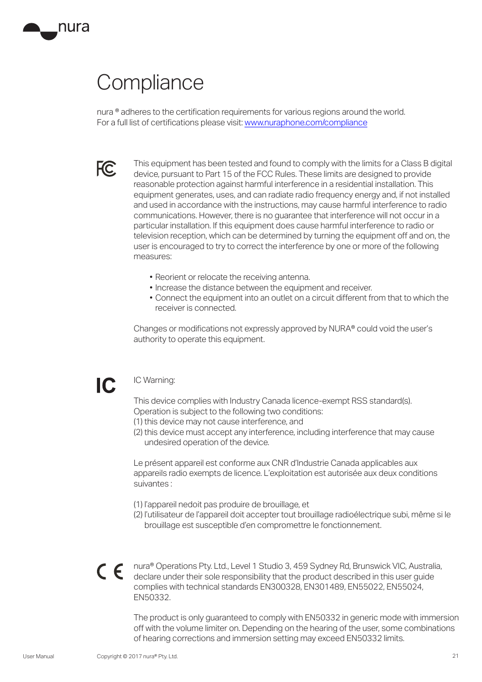 Compliance | Nura Nuraphone Noise-Canceling Wireless In-Ear/Over-Ear Headphones User Manual | Page 21 / 22