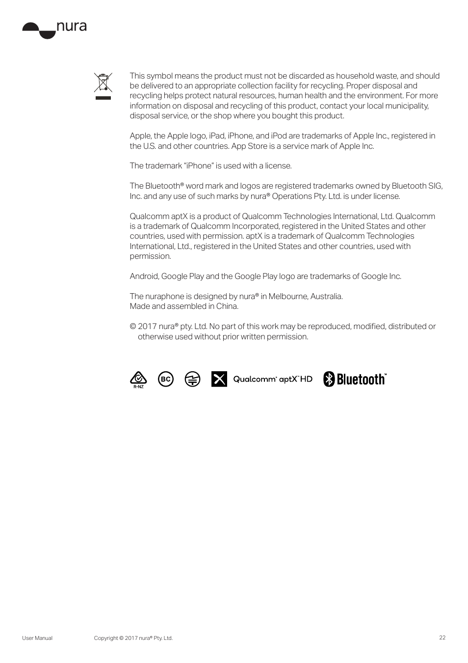 Nura Nuraphone Noise-Canceling Wireless In-Ear/Over-Ear Headphones User Manual | Page 22 / 22