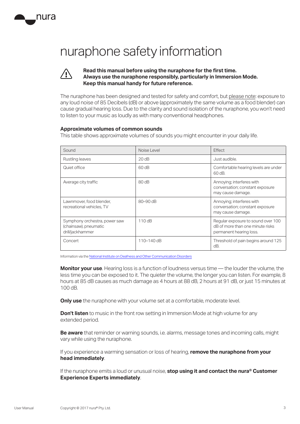 Nuraphone safety information | Nura Nuraphone Noise-Canceling Wireless In-Ear/Over-Ear Headphones User Manual | Page 3 / 22