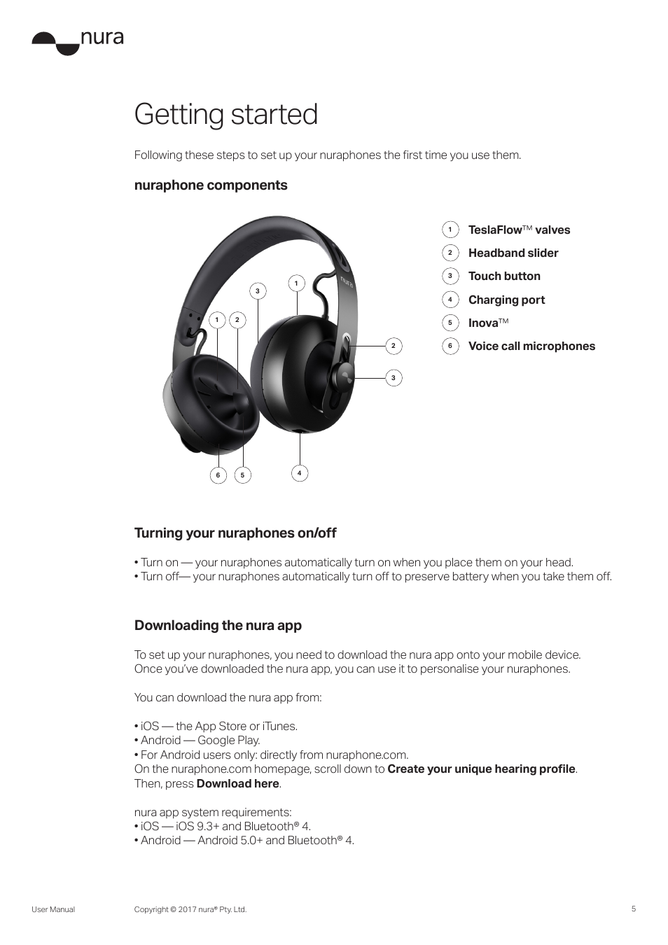 Getting started, Downloading the nura app | Nura Nuraphone Noise-Canceling Wireless In-Ear/Over-Ear Headphones User Manual | Page 5 / 22