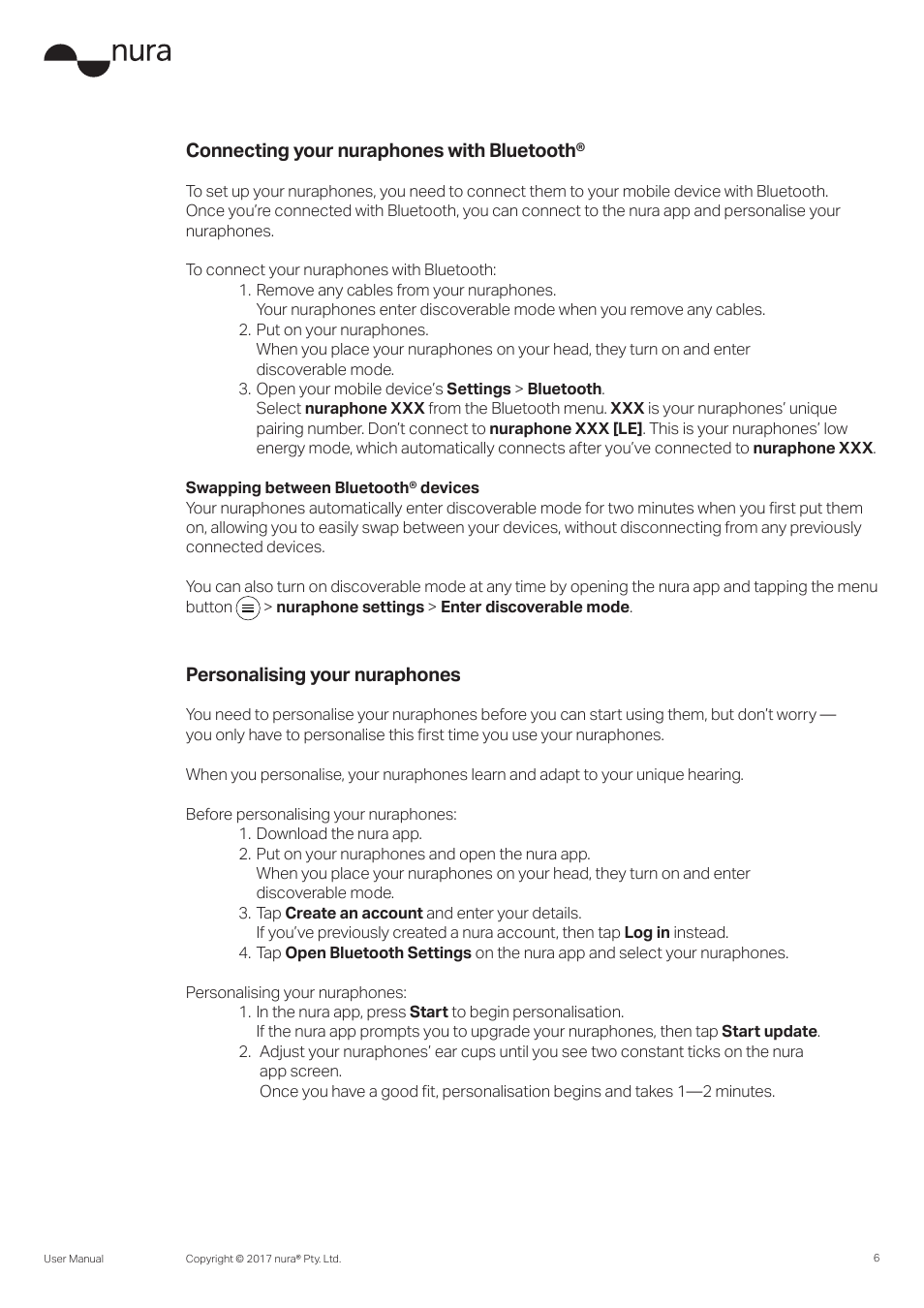 Connecting your nuraphones with bluetooth, Personalising your nuraphones | Nura Nuraphone Noise-Canceling Wireless In-Ear/Over-Ear Headphones User Manual | Page 6 / 22