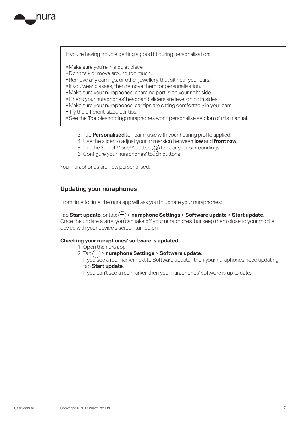 Updating your nuraphones | Nura Nuraphone Noise-Canceling Wireless In-Ear/Over-Ear Headphones User Manual | Page 7 / 22