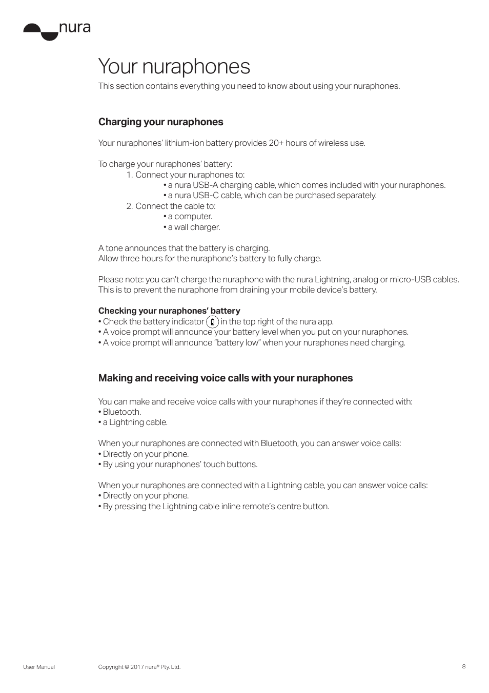 Your nuraphones, Charging your nuraphones | Nura Nuraphone Noise-Canceling Wireless In-Ear/Over-Ear Headphones User Manual | Page 8 / 22