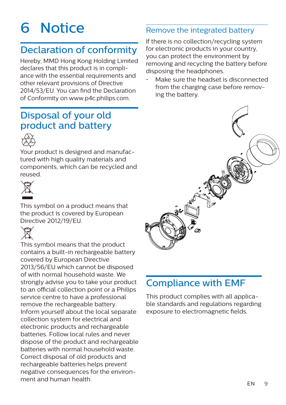 6 notice, Compliance with emf | Philips Fidelio L3 Noise-Canceling Wireless Over-Ear Headphones User Manual | Page 10 / 14