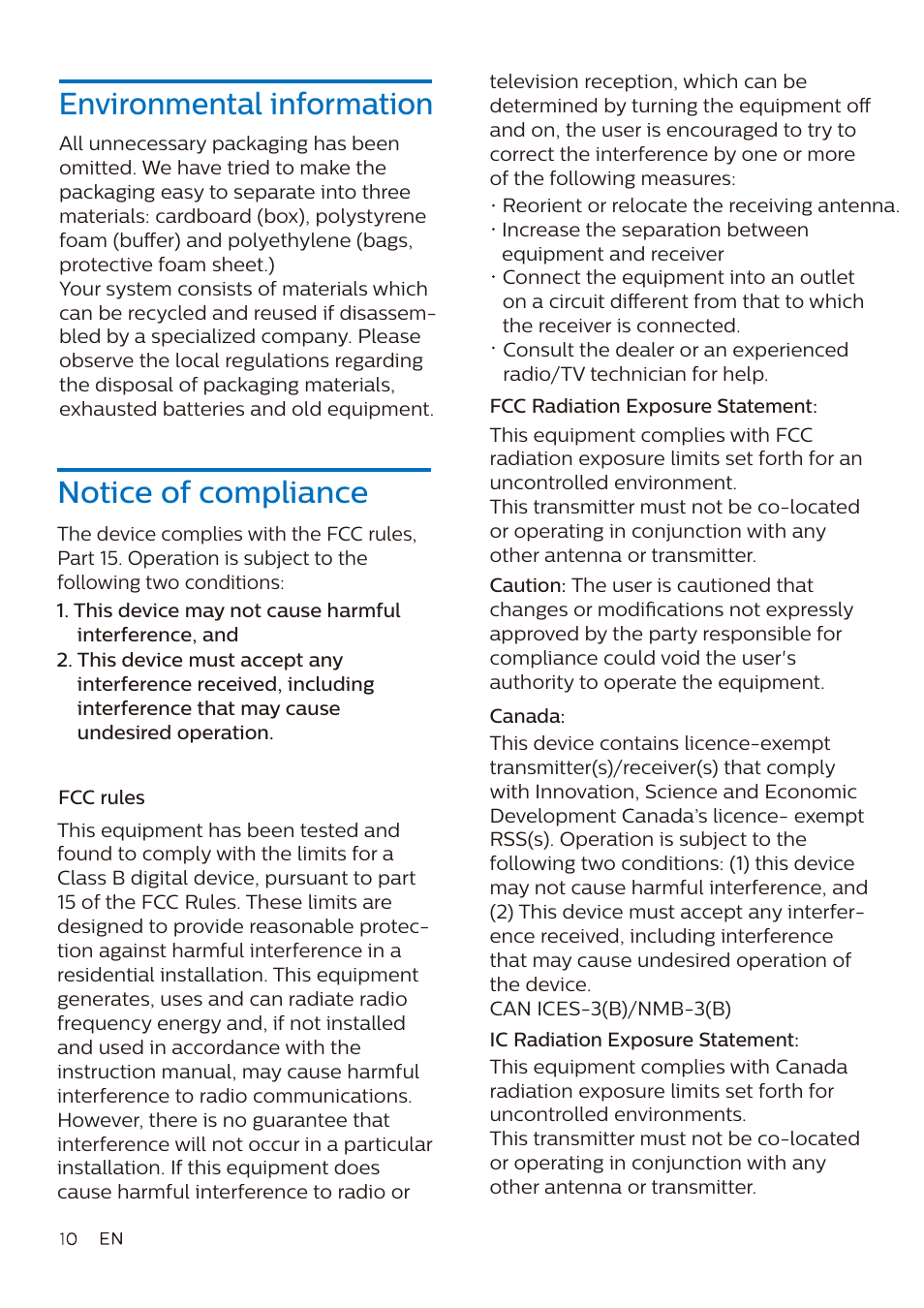 Environmental information, Notice of compliance | Philips Fidelio L3 Noise-Canceling Wireless Over-Ear Headphones User Manual | Page 11 / 14