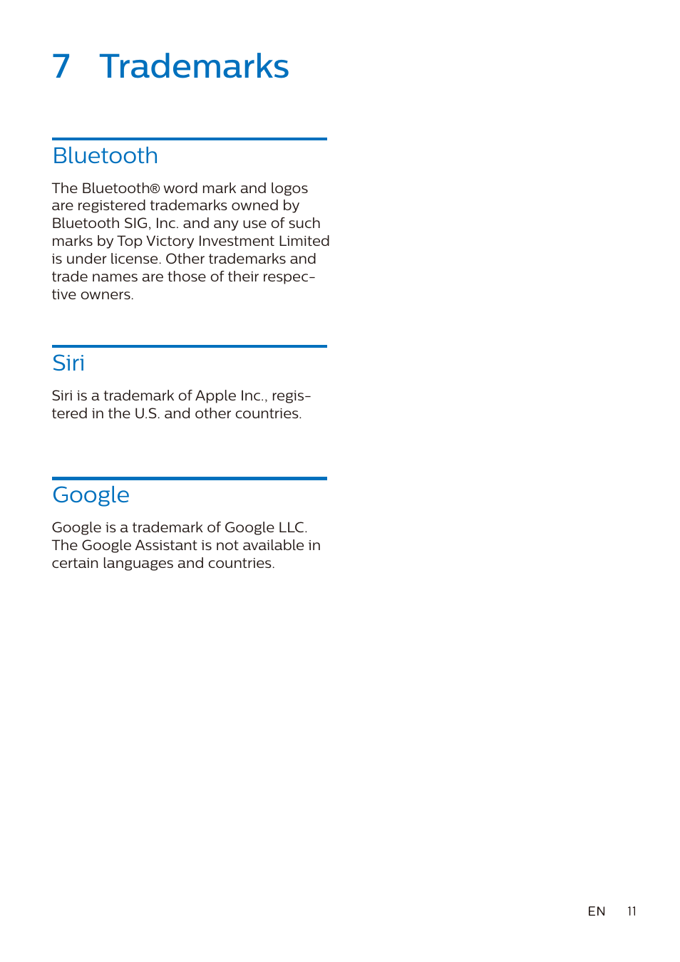 7 trademarks, Bluetooth, Siri | Google | Philips Fidelio L3 Noise-Canceling Wireless Over-Ear Headphones User Manual | Page 12 / 14