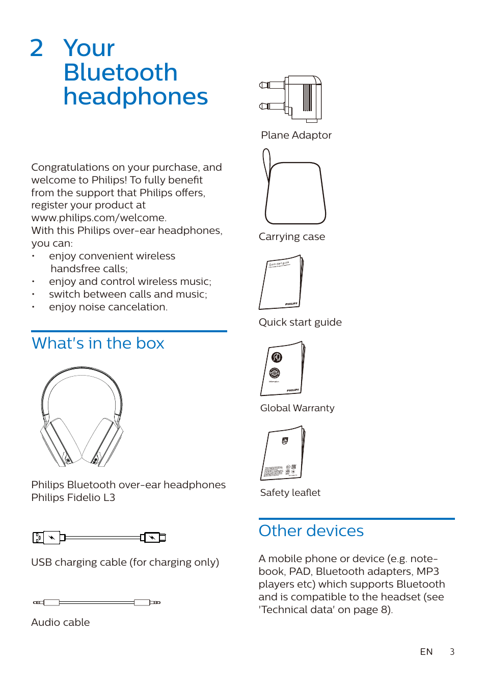 2 your bluetooth headphones, What's in the box, Other devices | Philips Fidelio L3 Noise-Canceling Wireless Over-Ear Headphones User Manual | Page 4 / 14