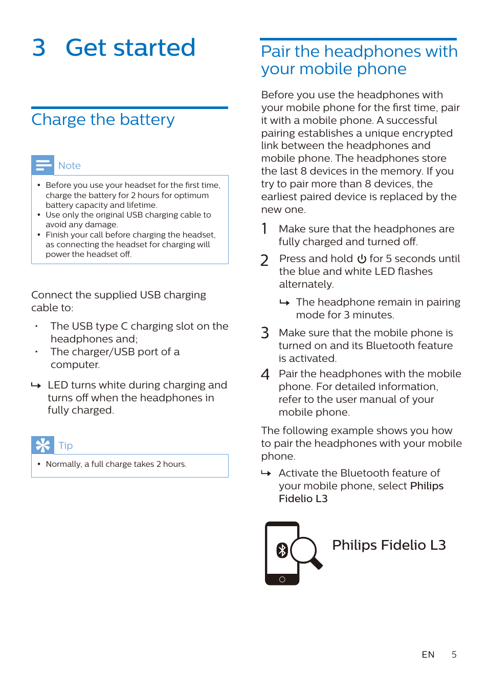 3 get started, Charge the battery, Pair the headphones with your mobile phone | Philips fidelio l3 | Philips Fidelio L3 Noise-Canceling Wireless Over-Ear Headphones User Manual | Page 6 / 14