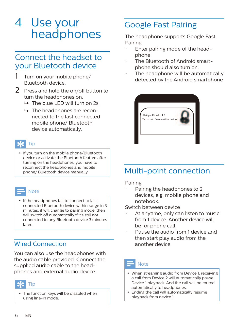 4 use your headphones, Connect the headset to your bluetooth device, Multi-point connection | Google fast pairing, Wired connection | Philips Fidelio L3 Noise-Canceling Wireless Over-Ear Headphones User Manual | Page 7 / 14