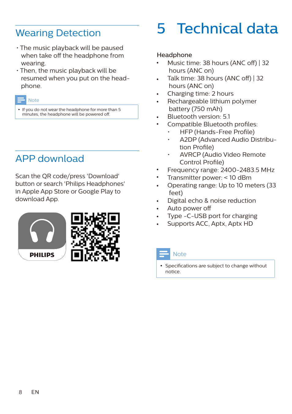 5 technical data, Wearing detection, App download | Philips Fidelio L3 Noise-Canceling Wireless Over-Ear Headphones User Manual | Page 9 / 14