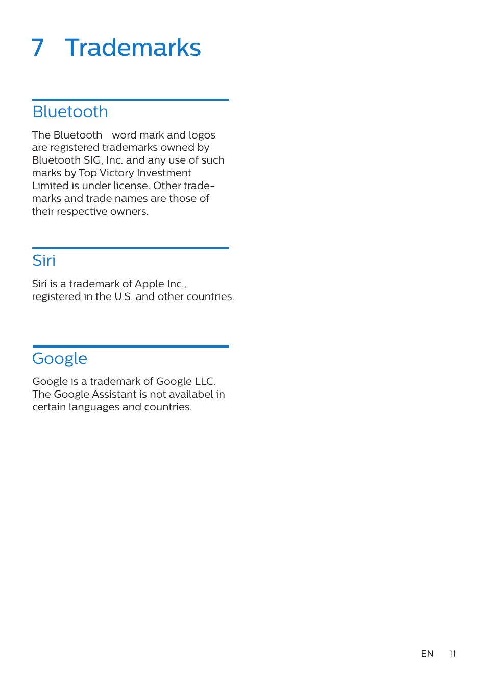 7 trademarks, Bluetooth, Siri | Google | Philips TAH8506 Wireless Noise-Canceling On-Ear Headphones (Black) User Manual | Page 12 / 14