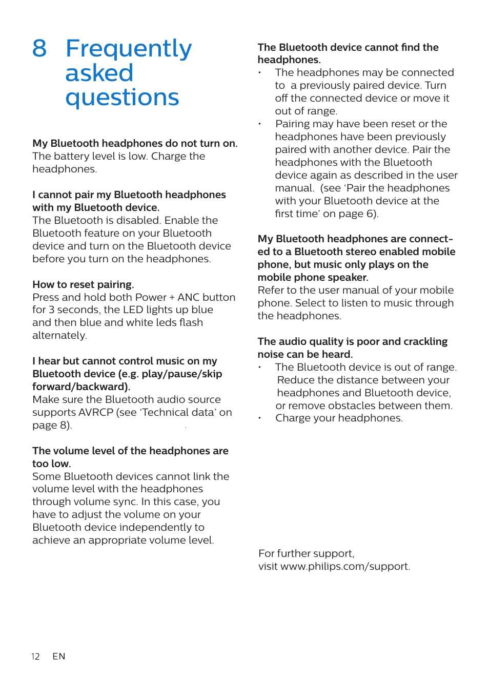 8 frequently asked questions | Philips TAH8506 Wireless Noise-Canceling On-Ear Headphones (Black) User Manual | Page 13 / 14