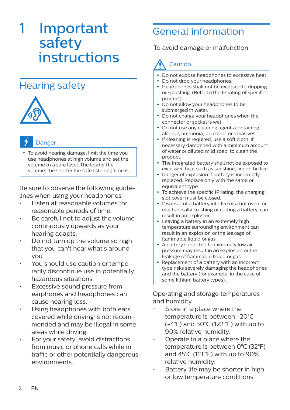 1 important safety instructions, General information, Hearing safety | Philips TAH8506 Wireless Noise-Canceling On-Ear Headphones (Black) User Manual | Page 3 / 14