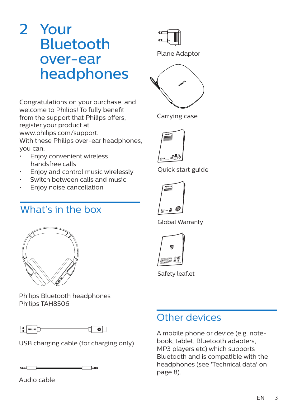 2 your bluetooth over-ear headphones, What's in the box, Other devices | Philips TAH8506 Wireless Noise-Canceling On-Ear Headphones (Black) User Manual | Page 4 / 14