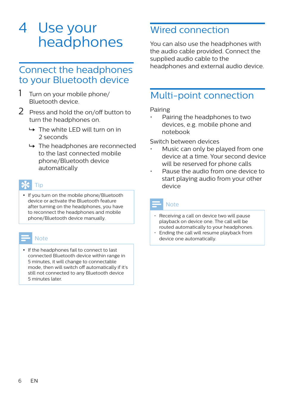 4 use your headphones, Connect the headphones to your bluetooth device, Multi-point connection | Wired connection | Philips TAH8506 Wireless Noise-Canceling On-Ear Headphones (Black) User Manual | Page 7 / 14