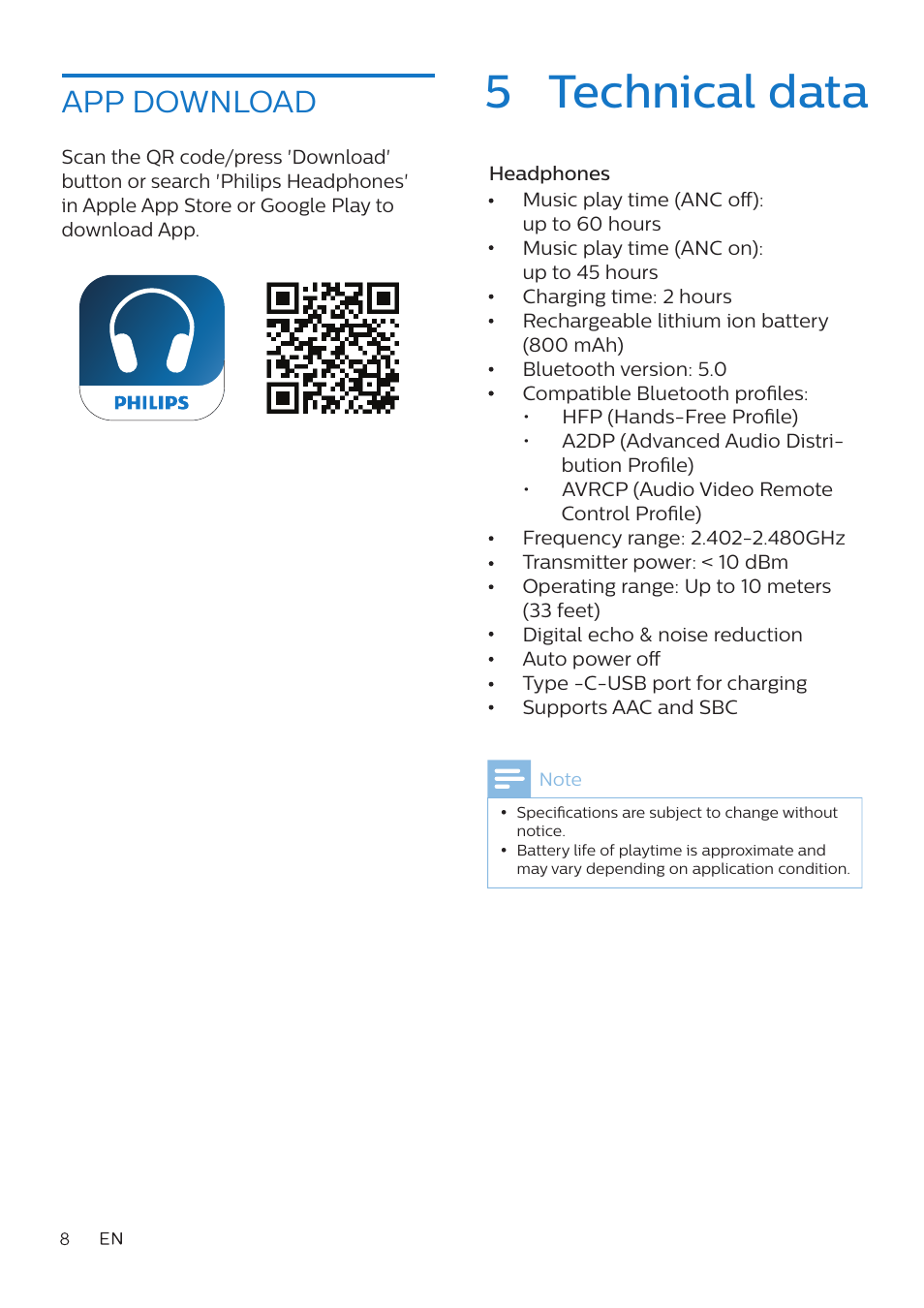 5 technical data, App download | Philips TAH8506 Wireless Noise-Canceling On-Ear Headphones (Black) User Manual | Page 9 / 14