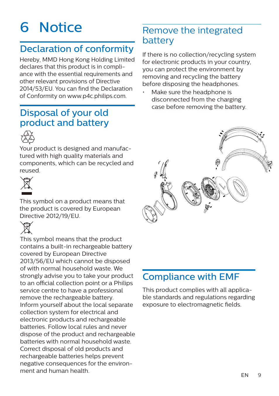 6 notice, Remove the integrated battery, Compliance with emf | Philips Noise-Canceling Wireless Over-Ear Headphones (Black) User Manual | Page 10 / 14